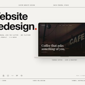 May include: A digital display of a website redesign service by S01.DESIGN. The screen shows a laptop interface for Farrow Coffee with the text 'Coffee that asks something of you.' The layout includes branding, project details, and platform icons.