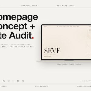 May include: A digital display showing a website design concept titled Homepage Concept + Site Audit. The screen features the brand name SÈVE in large serif typography on a light beige background, with additional text and navigation menus visible.