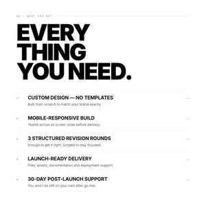 May include: A white graphic with black text reading 02 - WHAT YOU GET and EVERY THING YOU NEED. It lists five service features: custom design, mobile-responsive build, 3 structured revision rounds, launch-ready delivery, and 30-day post-launch support.
