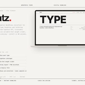 Puede incluir: Una presentación de producto digital para el tema de WordPress Satz, con una pantalla de portátil que muestra un sitio web con la palabra TYPE en letras negras grandes. El diseño incluye detalles sobre tipos de publicación de fuentes personalizadas, un catálogo filtrable y un control deslizante de peso de fuente variable en vivo.