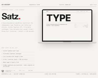 WordPress Theme for Type Foundry, Font Store Template, Swiss Minimal WordPress, Variable Font Slider + Licensing Page