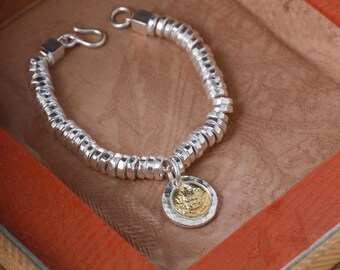 Handmade 999 Fine Silver Wealth Bracelet with Yellow Jambhala Charm | Tibetan Buddhist Prosperity Amulet | 24k Gold Accent