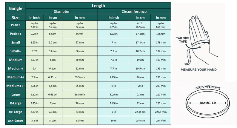 May include: A bangle size chart showing diameter, circumference, and length in inches and centimetres. Sizes range from Petite to XXX-Large. A diagram illustrates how to measure the hand for bangles.