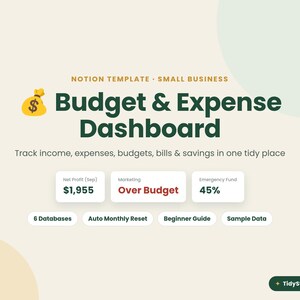 May include: A Notion template for a small business budget and expense dashboard. The graphic features a money bag icon, the text Budget & Expense Dashboard, and data cards showing Net Profit, Marketing status, and Emergency Fund percentages.