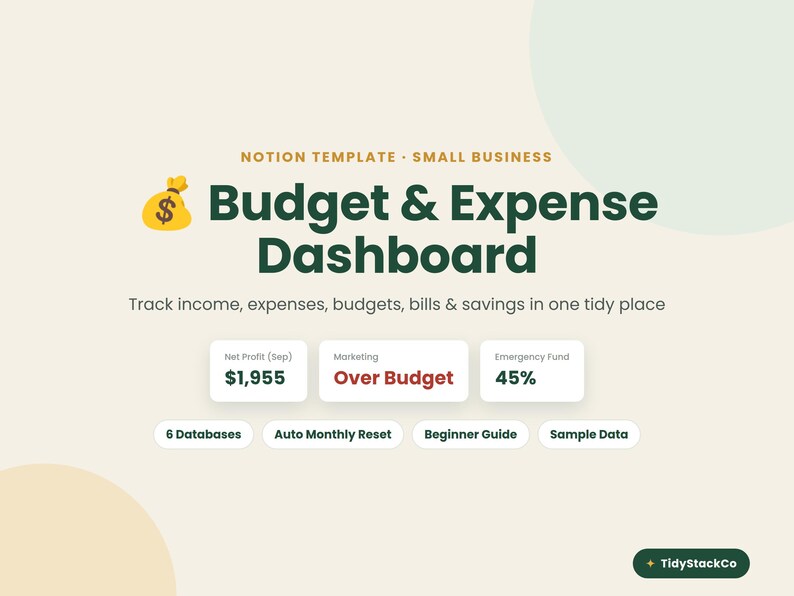 May include: A Notion template for a small business budget and expense dashboard. The graphic features a money bag icon, the text Budget & Expense Dashboard, and data cards showing Net Profit, Marketing status, and Emergency Fund percentages.