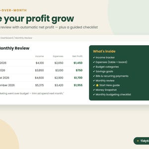May include: A digital dashboard interface titled Monthly Review displaying a table with columns for Month, Income, Expenses, and Net Profit for June through September 2026. A dark green sidebar lists features including an income tracker and budget categories.