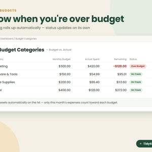 May include: A digital dashboard interface titled Budget Categories displaying a table with columns for Category, Monthly Budget, Actual Spent, Remaining, and Status. Rows list Marketing, Software & Tools, Office Supplies, and Travel expenses.
