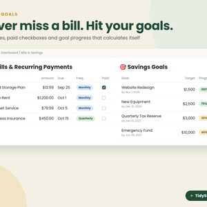 May include: A digital dashboard interface titled Bills & Goals featuring a list of recurring payments with due dates and amounts, alongside a savings goals tracker with progress percentages. The text reads Never miss a bill. Hit your goals.