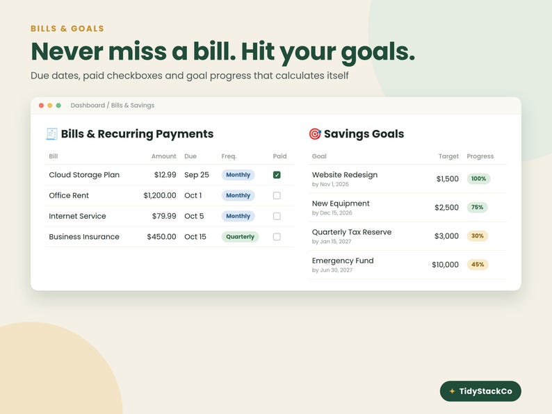 May include: A digital dashboard interface titled Bills & Goals featuring a list of recurring payments with due dates and amounts, alongside a savings goals tracker with progress percentages. The text reads Never miss a bill. Hit your goals.