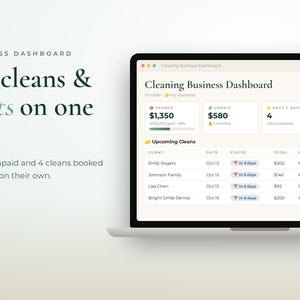 May include: A laptop screen displaying a Cleaning Business Dashboard with financial metrics, including $1,350 earned and $580 unpaid, alongside a list of upcoming cleans for clients like Emily Rogers and Johnson Family with specific notes.