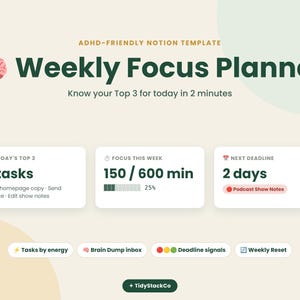 May include: A digital Notion template titled Weekly Focus Planner with a brain icon. It features sections for Today's Top 3 tasks, Focus This Week progress bar showing 150/600 min, and Next Deadline. Includes buttons for Tasks by energy, Brain Dump inbox, Deadline signals, and Weekly Reset.