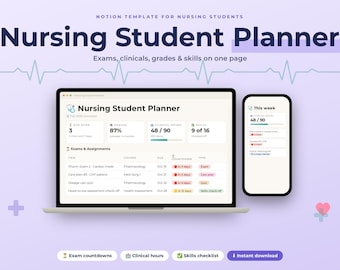 May include: A digital Notion template for nursing students titled Nursing Student Planner displayed on a laptop and smartphone screen. The interface shows sections for exams, clinical hours, grades, and skills with text including Exams, clinicals, grades & skills on one page.