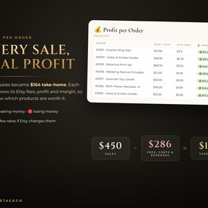 May include: A digital graphic on a dark background displaying a Profit per Order table with columns for order, sale, fees, and profit. Text reads: EVERY SALE, REAL PROFIT, $450 in sales became $164 take-home, and a calculation of $450 - $286 = $164.