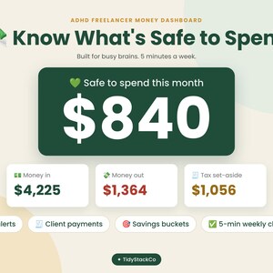 May include: An ADHD freelancer money dashboard interface titled Know What's Safe to Spend. It displays a safe to spend amount of $840, with sections for money in at $4,225, money out at $1,364, and tax set-aside at $1,056, plus feature labels.