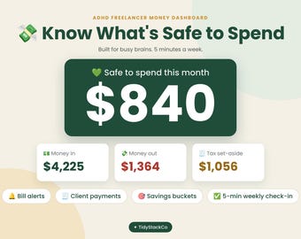 May include: An ADHD freelancer money dashboard interface titled Know What's Safe to Spend. It displays a safe to spend amount of $840, with sections for money in at $4,225, money out at $1,364, and tax set-aside at $1,056, plus feature labels.