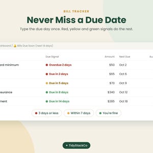 May include: A digital bill tracker interface displaying a table with columns for bill name, due signal, amount, next due date, and autopay status. The text reads Bill Tracker, Never Miss a Due Date, and Type the due day once. Red, yellow and green signals do the rest.