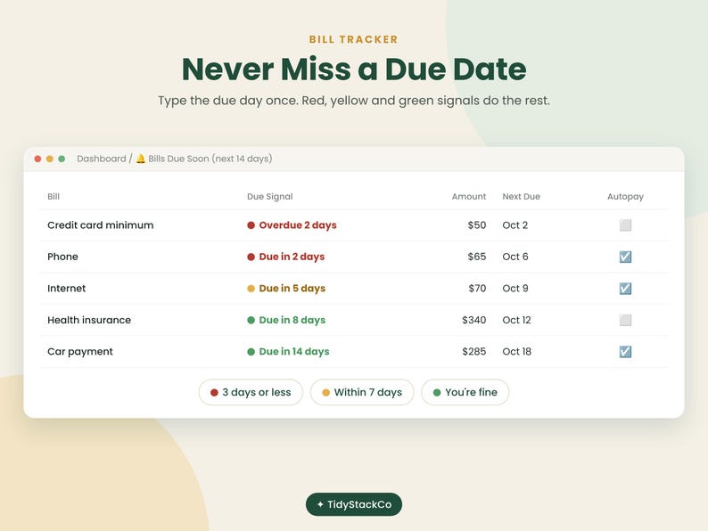 May include: A digital bill tracker interface displaying a table with columns for bill name, due signal, amount, next due date, and autopay status. The text reads Bill Tracker, Never Miss a Due Date, and Type the due day once. Red, yellow and green signals do the rest.
