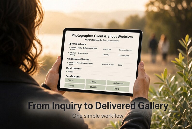 K&ouml;nnte beinhalten: Ein digitales Tablet mit einer Workflow-Oberfl&auml;che f&uuml;r Fotografen. Der Bildschirm zeigt Bereiche f&uuml;r anstehende Shootings, Galerien, unbezahlte Rechnungen sowie Datenbanken f&uuml;r Kunden, Shootings, Lieferungen, Rechnungen und Aufgaben.