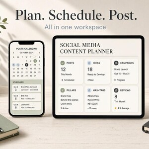 May include: A digital social media content planner displayed on a smartphone and tablet. The screen shows a calendar for October 2024, post schedules, and categories for ideas, campaigns, pillars, hashtags, and reviews. Text reads Plan. Schedule. Post.