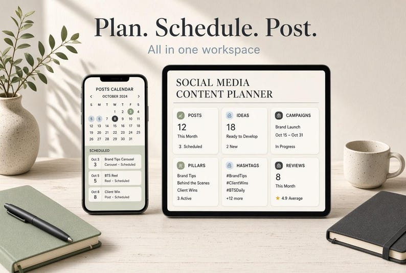 May include: A digital social media content planner displayed on a smartphone and tablet. The screen shows a calendar for October 2024, post schedules, and categories for ideas, campaigns, pillars, hashtags, and reviews. Text reads Plan. Schedule. Post.