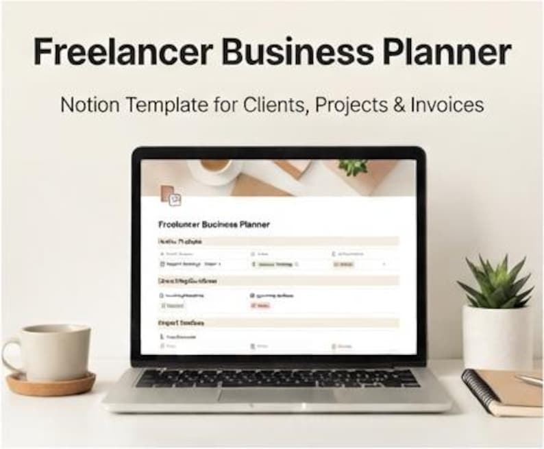 Puede incluir: Una pantalla de ordenador port&aacute;til que muestra una plantilla de Notion Freelancer Business Planner para clientes, proyectos y facturas. La interfaz presenta secciones organizadas con encabezados de texto, iconos y campos de datos en una paleta de colores neutros.