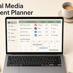 May include: A laptop displaying a Social Media Content Planner interface with a table of content ideas, platforms, dates, and statuses, alongside a monthly calendar view. The screen shows entries for Instagram, TikTok, and LinkedIn posts.