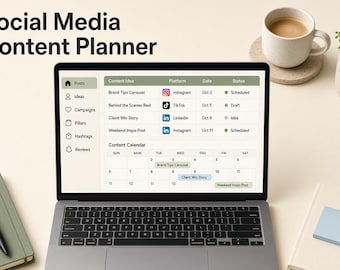 May include: A laptop displaying a Social Media Content Planner interface with a table of content ideas, platforms, dates, and statuses, alongside a monthly calendar view. The screen shows entries for Instagram, TikTok, and LinkedIn posts.