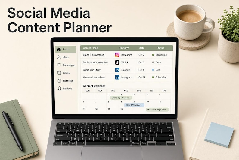 May include: A laptop displaying a Social Media Content Planner interface with a table of content ideas, platforms, dates, and statuses, alongside a monthly calendar view. The screen shows entries for Instagram, TikTok, and LinkedIn posts.