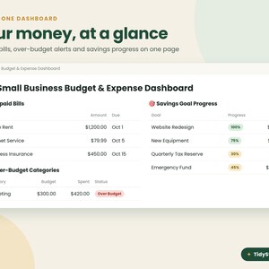 May include: A digital dashboard titled Small Business Budget & Expense Dashboard. It displays sections for Unpaid Bills, Savings Goal Progress, and Over-Budget Categories with specific financial data, progress bars, and status labels in a clean layout.