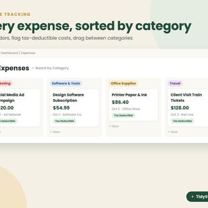 May include: A digital expense tracking dashboard interface titled Expenses - Board by Category. It displays four columns labeled Marketing, Software & Tools, Office Supplies, and Travel, each containing itemized lists with costs, dates, and tax-deductible tags.