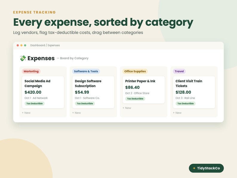 May include: A digital expense tracking dashboard interface titled Expenses - Board by Category. It displays four columns labeled Marketing, Software & Tools, Office Supplies, and Travel, each containing itemized lists with costs, dates, and tax-deductible tags.