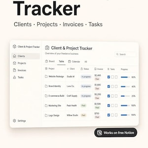 May include: A digital Client & Project Tracker dashboard interface featuring a table layout with columns for project, client, status, invoice, tasks, and progress. The table displays data for various business projects, including status labels like In progress and Paid, and progress bars. The interface includes a sidebar with navigation links and a search bar.