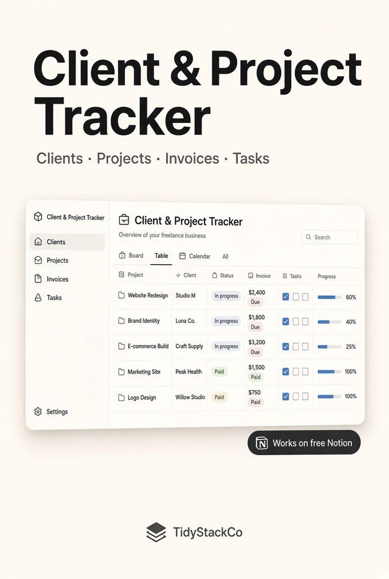 May include: A digital Client & Project Tracker dashboard interface featuring a table layout with columns for project, client, status, invoice, tasks, and progress. The table displays data for various business projects, including status labels like In progress and Paid, and progress bars. The interface includes a sidebar with navigation links and a search bar.