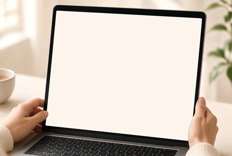 K&ouml;nnte beinhalten: Ein silberner Laptop mit einem d&uuml;nnen schwarzen Rahmen und einem gro&szlig;en, leeren, cremewei&szlig;en Bildschirm. Das Ger&auml;t verf&uuml;gt &uuml;ber eine Standard-QWERTY-Tastatur mit schwarzen Tasten und ist im Querformat ausgerichtet, was eine leere Arbeitsfl&auml;che zeigt.