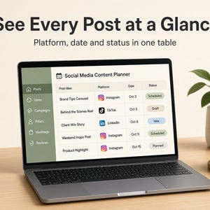 May include: A laptop displaying a Social Media Content Planner table with columns for Post Idea, Platform, Date, and Status. The screen shows entries for Instagram, TikTok, and LinkedIn. Text above the screen reads See Every Post at a Glance.