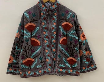 Velvet Embroidery Suzani Jacket | Indian Style Boho Coat | Unisex Bridesmaid Gift | Winter Jacket | Kimono Robe, Duster Jacket, Gift For Her