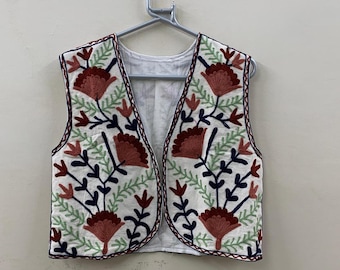 Suzani Embroidered Cotton Vest| Boho Floral Waistcoat | Handmade Ethnic Jacket | Cotton Lined Sleeveless Bohemian Layer |Festival Boho Vest