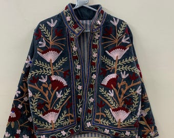 Boho Suzani Velvet Short Jacket | Vintage Button Winter Coat | Short Ethnic Jacket | Spring Bomber Jacket | Gift For Her | Suzani Outerwear