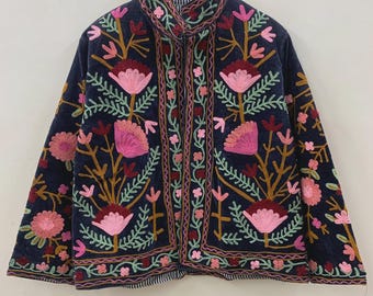 Boho Suzani Velvet Jacket | Embroidered Jacket | Vintage Ethnic Outerwear | Cropped Coat | Winter Wear Outerwear | Gift for Her