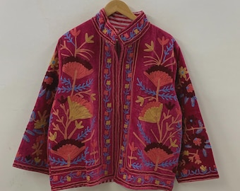 Pink Suzani Velvet Jacket | Handmade Embroidered Coat | Boho Kimono Jacket | Vintage Floral Coat  | Bohemian Jacket | Gift for Women