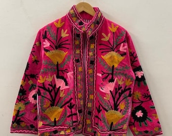 Samt Suzani bestickte Kimono-Jacke | Usbekische ethnische Mantel | Boho Samt Jacke | Handgefertigte Blumenoberbekleidung | Wintermantel | Geschenk für Sie