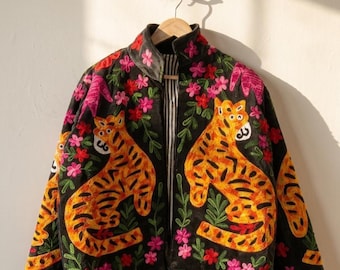 Handmade Velvet Suzani Jacket | Tiger Floral Embroidery Jacket  | Bohemian Coat | Warm Winter Coat | Artisanal Outerwear | Gift For Her