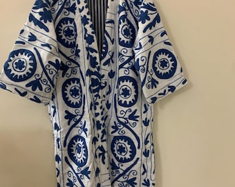 Kimono lungo in cotone ricamato / Cardigan lungo stile boho / Accappatoio leggero in tela / Abbigliamento casual da resort / Completo per vacanze al mare