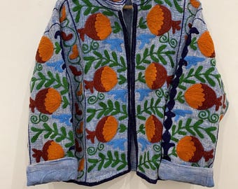 Grey Cotton Suzani Hand Embroidered Jacket: Boho Ethnic Clothing, Embroidery Coat, Suzani Cotton Boho Jacket, Gift For Her, Boho Suzani Coat