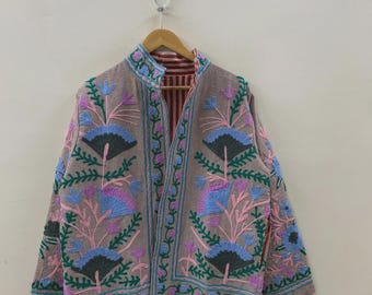 Grey Suzani Embroidered Velvet Jacket | Bohemian Winter Coat | Warm Kimono Jacket | Suzani Coat| Handmade Artisan Coat | Gift for Her