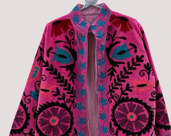Suzani Velvet Short Jacket | Indian Suzani Embroidery Jacket | Winter Wear Women's Jacket Coat | Suzani Coat | Gift For Her |Duster Jacket