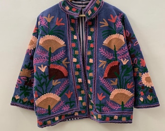 Indian Style Velvet Embroidery Suzani Jacket | Boho Coat | Unisex Bridesmaid Gift | Winter Jacket | Kimono Robe, Duster Jacket, Gift For Her