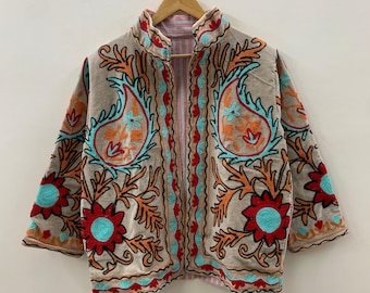 Beige Suzani Velvet Short Jacket – Boho Embroidered Coat- Winter Coat - Uzbek Travel Jacket, Festival Jacket Style Outerwear -Street Jacket
