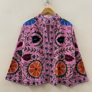 Pink Summer Cotton Suzani Short Soft Jacket – Festival Coat – Tribal Embroidered Outerwear | Spring Travel Coat | Winter wear | Gift For Her