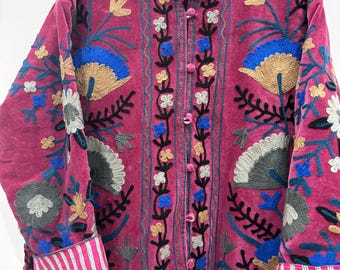 Floral Suzani Velvet Short Button Jacket – Boho Embroidered Coat- Winter Coat - Uzbek Travel Jacket, Festival Style Outerwear -Street Coat